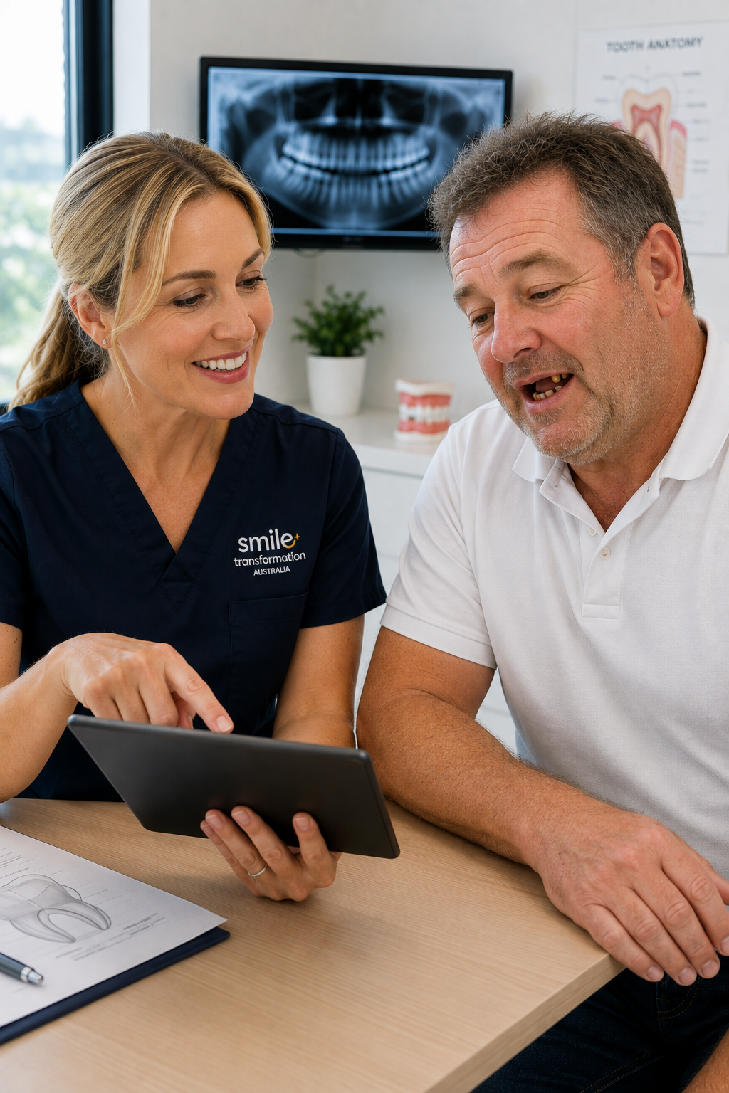 Female partner clinic dentist reviewing treatment options with a patient on a tablet