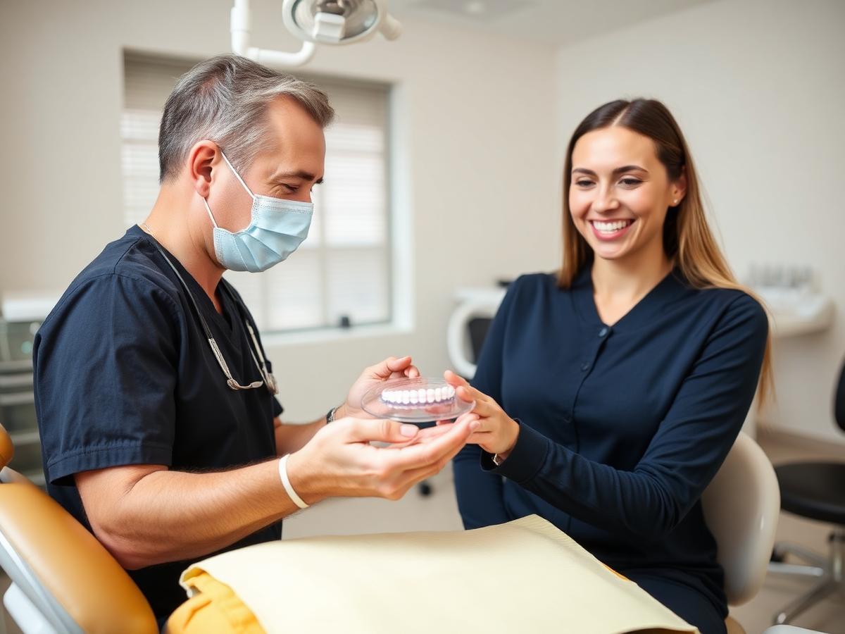 Dentist showing a clear aligner to a patient